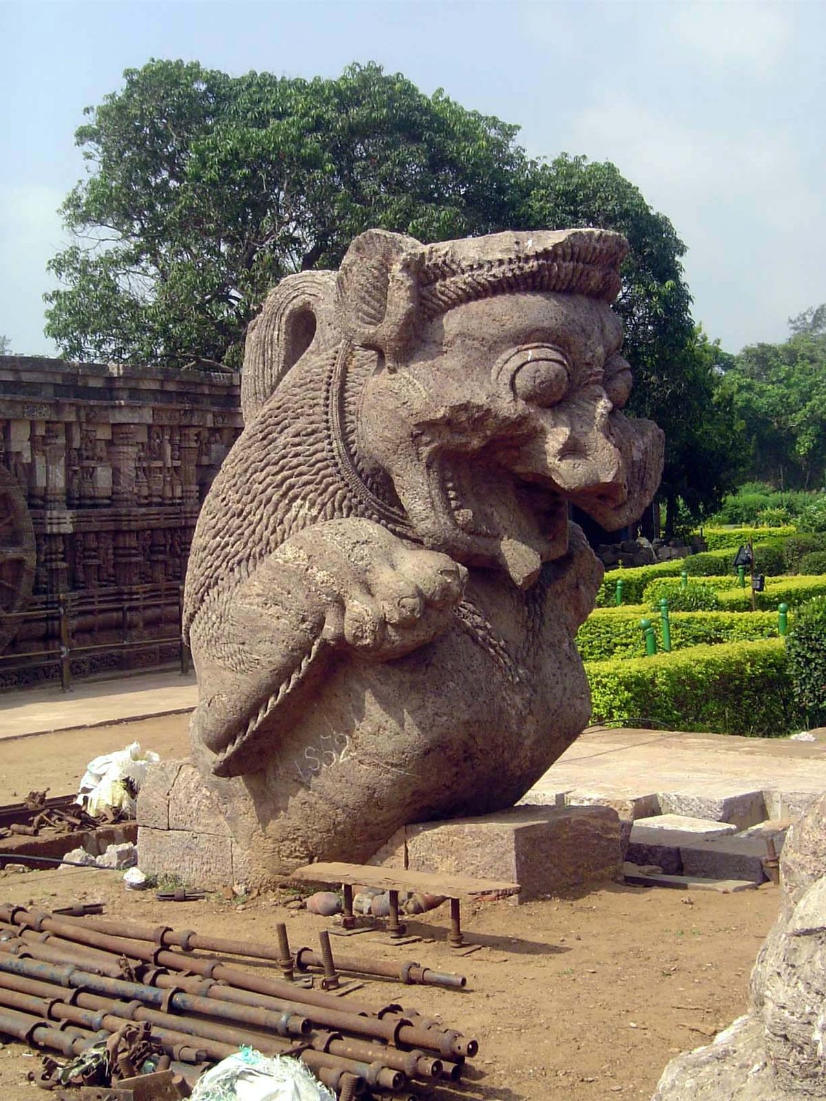 A colossal but fragmentary lion.