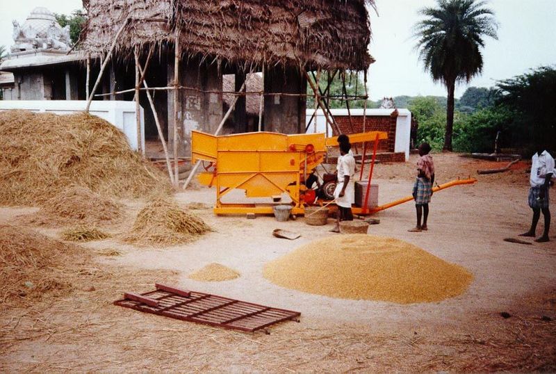 A portable thresher works the paddy harvest at Villupuram, west of Pondicherry, Tamil Nadu.