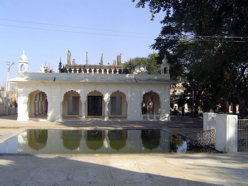 Here, freshly whitewashed, is the main tomb complex. The view here is eastward, with a small masjid, or mosque, behind the camera. The first