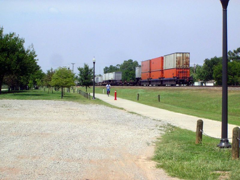 The railroad signs aren't at all welcoming, but the town has worked to make the right-of-way more attractive.