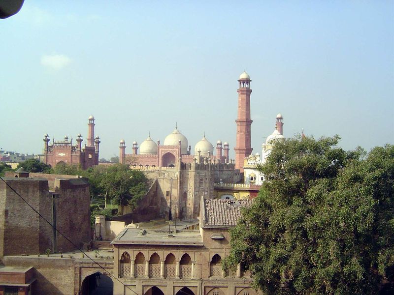 This is the view from the Naulakha; it shows the Badshahi or King's Mosque in the distance. The obscured yellow and white building is Ranjit