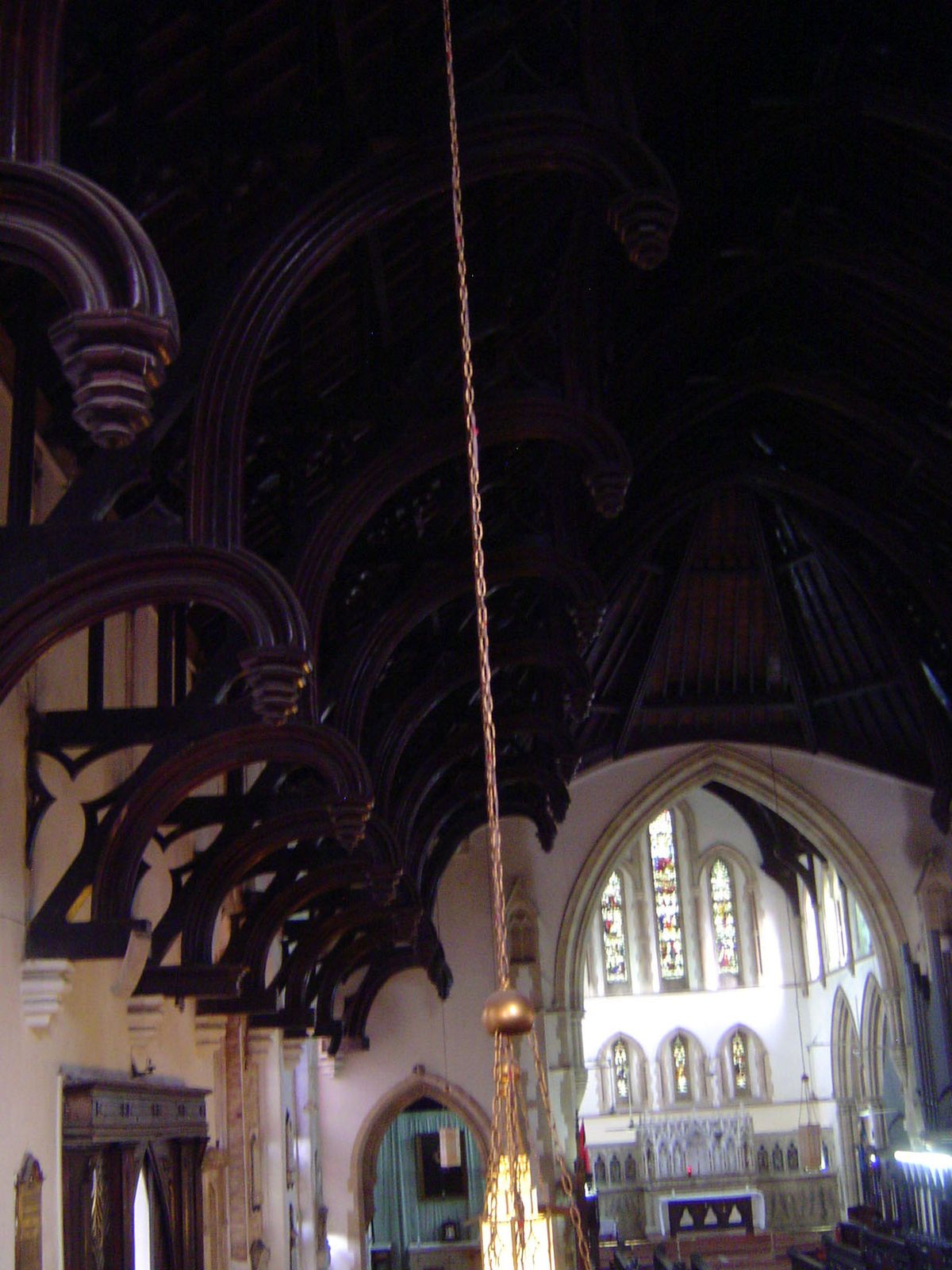 The most striking feature of the cathedral is these trusses. The building—from an era when men wore many hats—was designed by Woodford's col