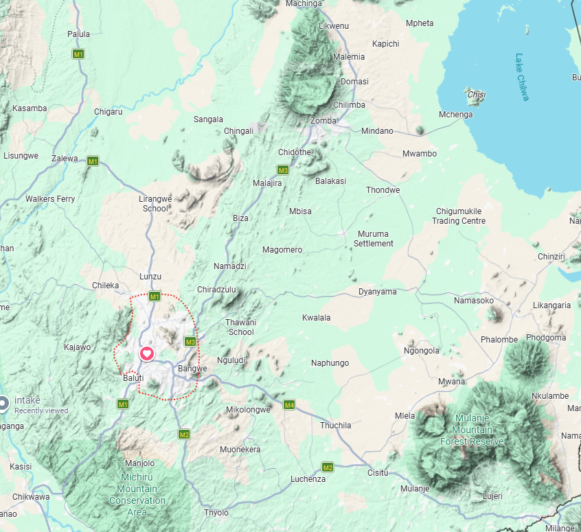 Here is it closer.  The red marker is Blantyre, the country's commercial center Lilongwe, far to the north, is the capital.  Zomba Mountain 