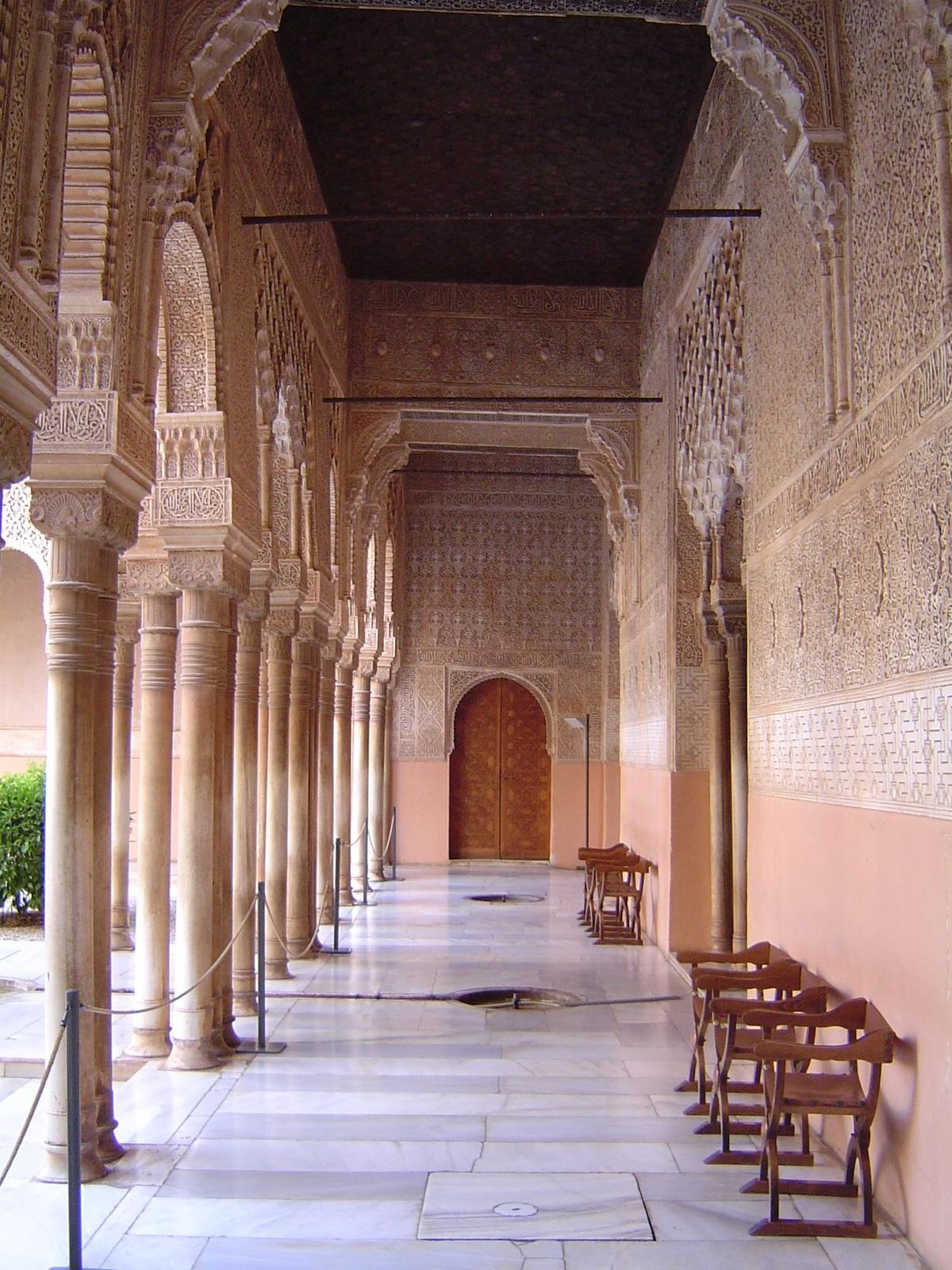 The south arcade around the Court of the Lions. On the right is the doorway into the Hall of the Abencerrages. Rarely has a name been less h