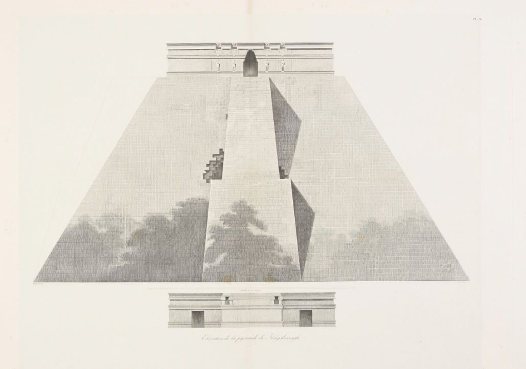 And here is the same pyramid as drawn by Jean Fr d rick Maximilien Waldeck.  It was published in 1838, before either of the other two, and a