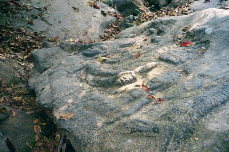 Hard to make out, but emerging during the dry season is a reclining Vishnu, floating on the ocean. His wife Lakshmi sits nearby. A lotus eme