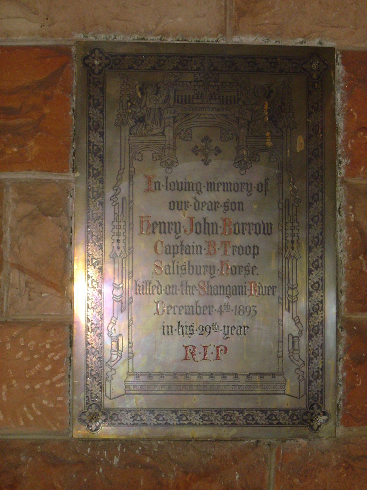 A handsome plaque remembering one of the men honored on the same Shangani or Wilson memorial.