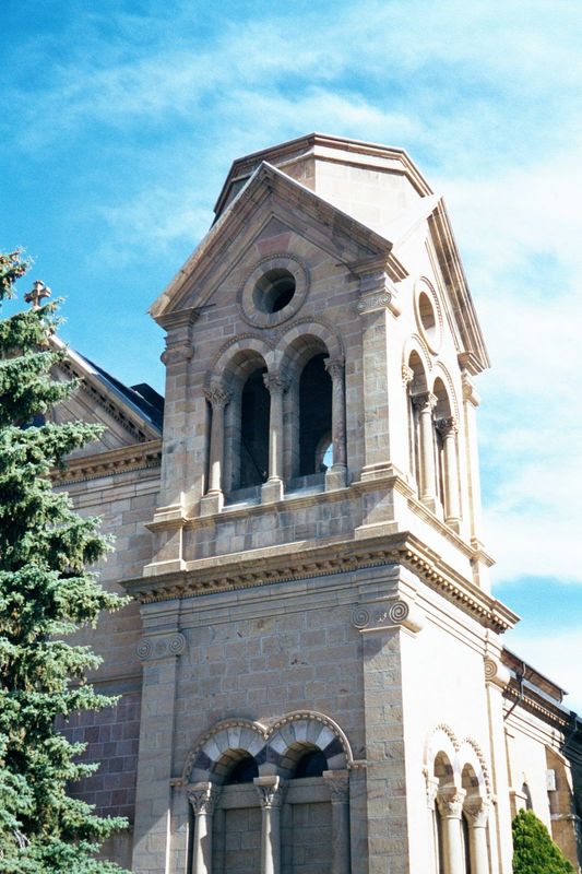 Here's the St. Francis Cathedral, built 1869-86 in a French Romanesque style. Why French Romanesque? First of all, because the Santa Fe or p