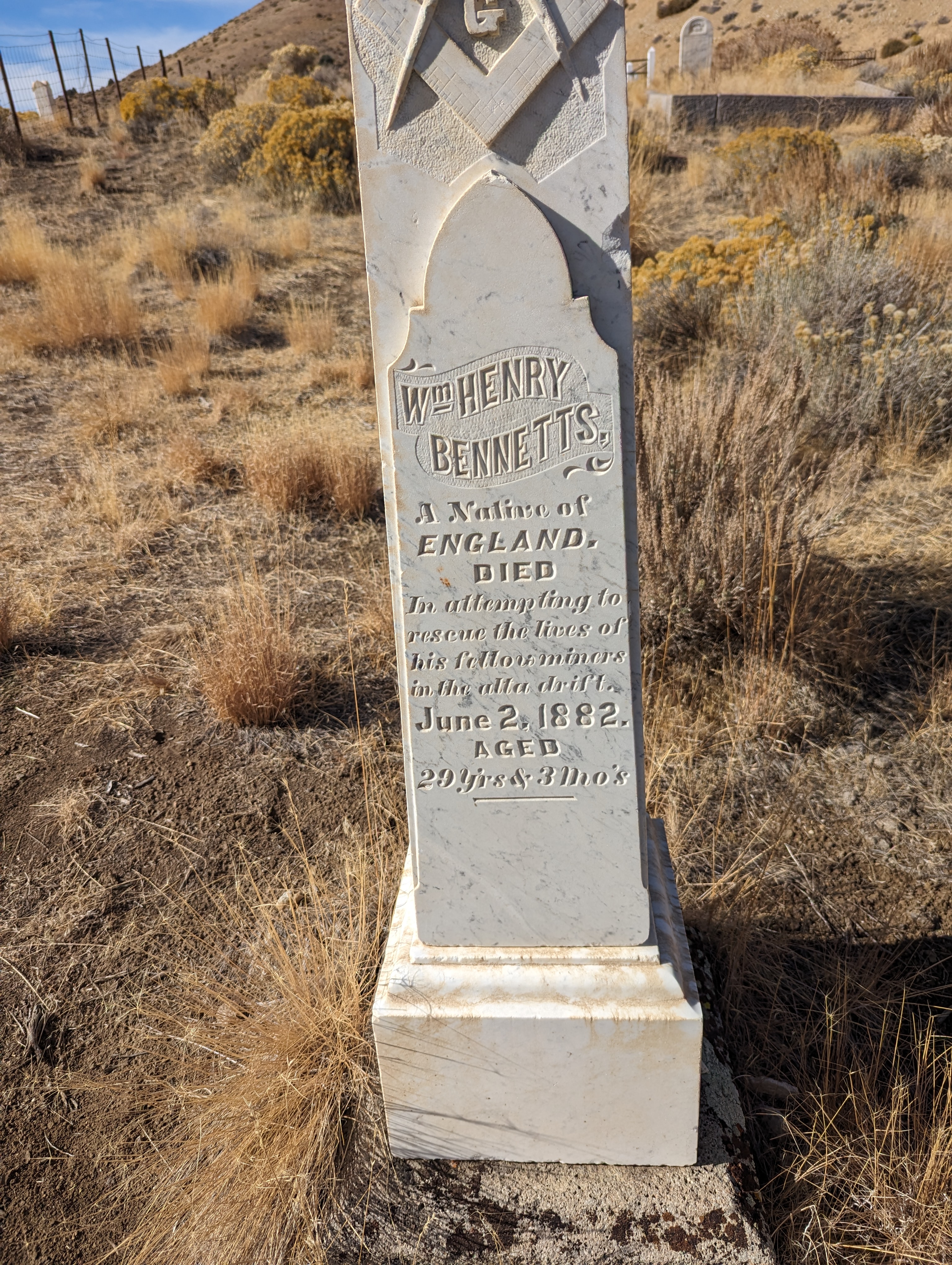 Neighboring towns had their own cemeteries.  Here's a stone from the one at Gold Hill, adjacent to Virginia City on the south.