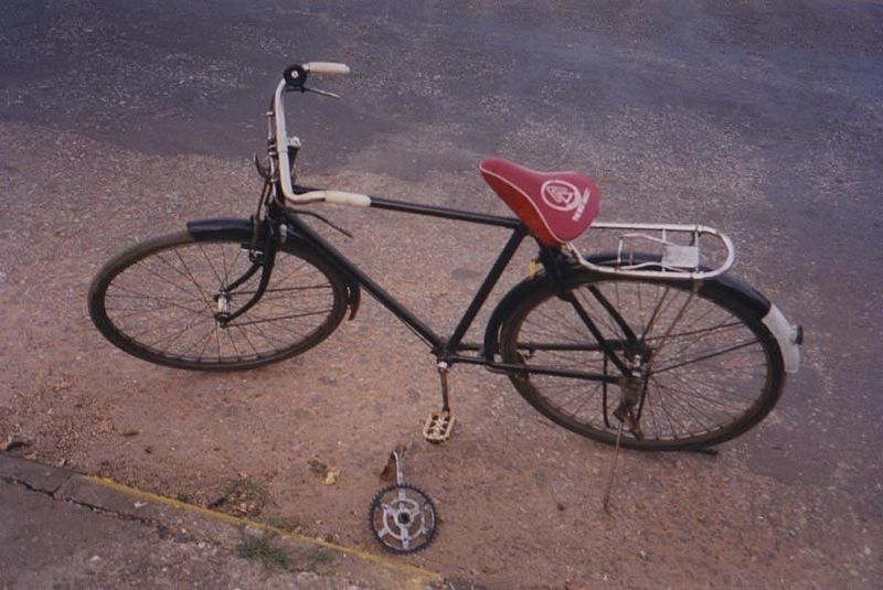 Mechanical systems of every sort are in very poor shape. Here, a rented bicycle simply falls apart.