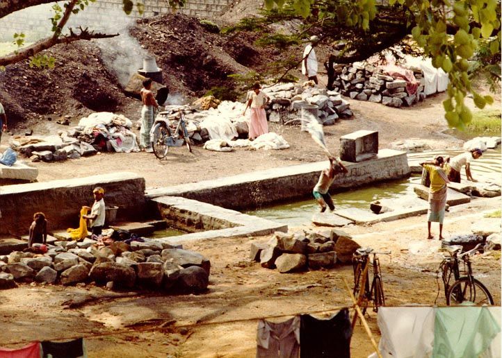 Indian laundrymen are notorious for their flogging of clothing, as here, below the Husainsagar in Hyderabad.