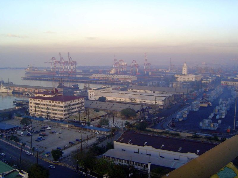 The view north. The building on the left is the Philippine Port Authority; the one on the right, with the tower, is the Bureau of Customs.
