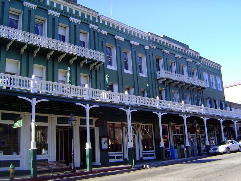 Nevada City's Broad Street has two hotels. This one, the National, from 1856, consists of three common-walled but separate buildings.