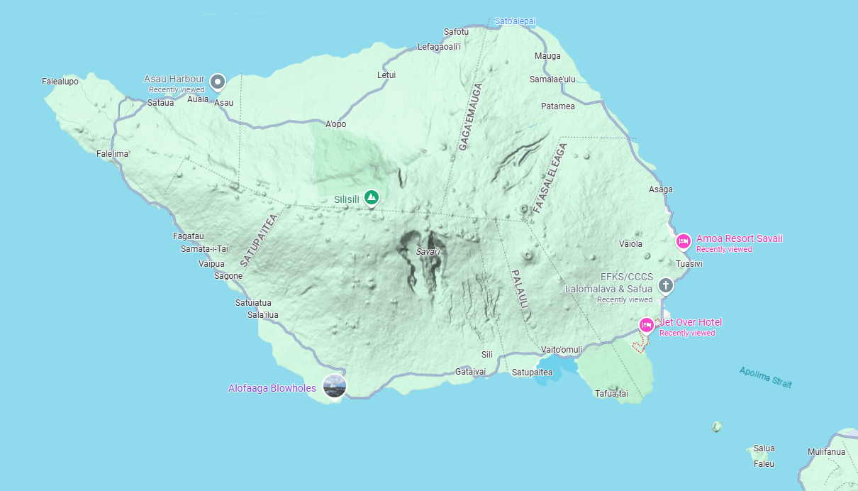 Savai'i is a little over 40 miles east to west.  The interior is almost empty, and as late as 1900, most of the south coast was almost uninh
