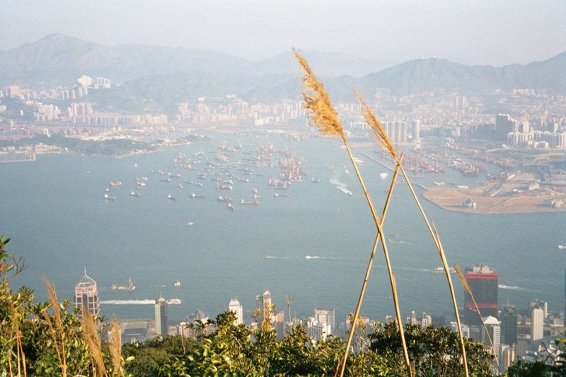 Panning right, the port facilities of Yau Ma Tei come into view.