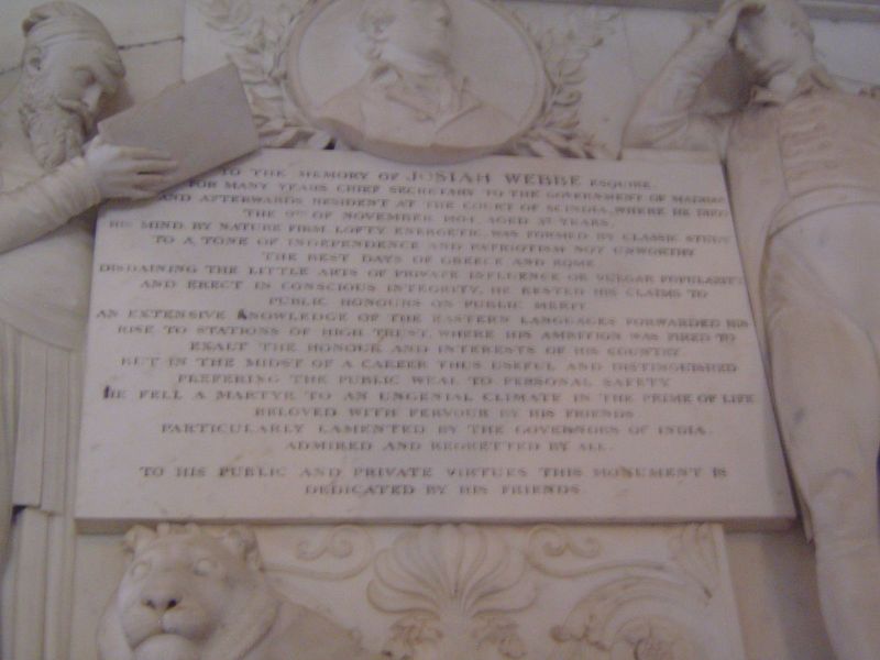 The inscription reads: "To the memory of Josiah Webbe, Esquire, for many years Chief Secretary to the Government of Madras, and afterwards R