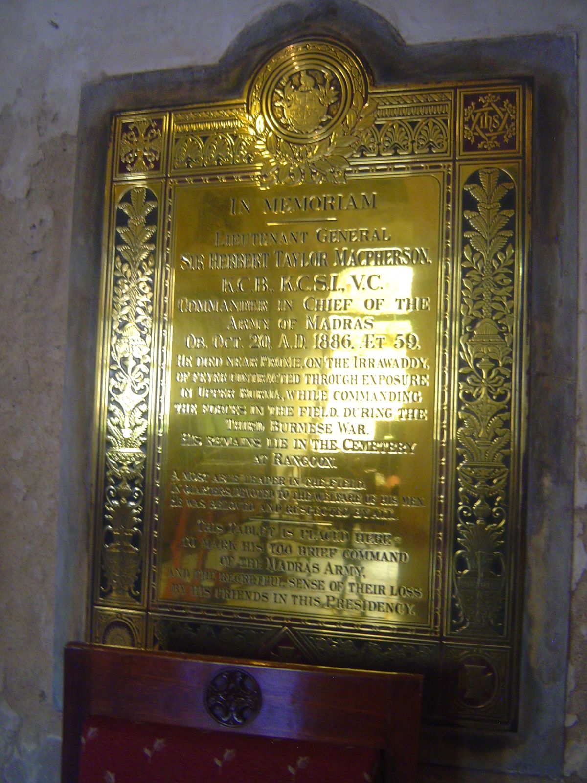 Brass for brass, in this case a general killed by fever while on campaign in Burma.