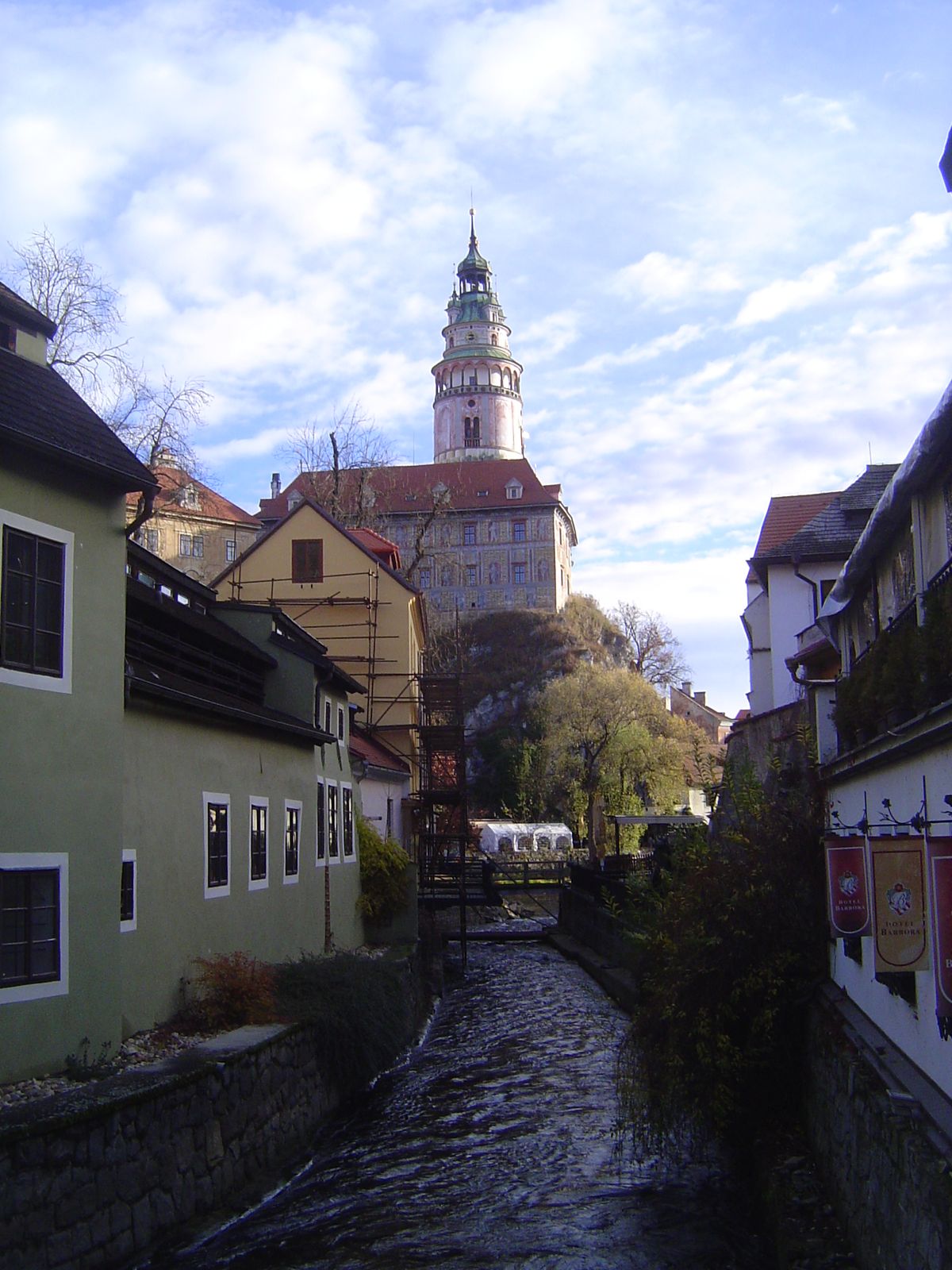 The old mill race survives, with a fine view of the castle tower.