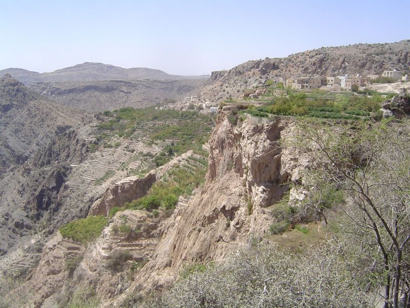 The view looks down the sunny side of the wadi.