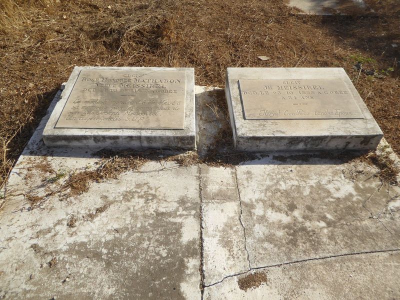 The stone on the left recallas Rose Meissirel neé Mathabon, who died on Gorée in 1853, before the French began developing Dakar. On the righ