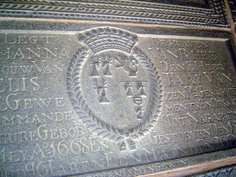 Here lies buried Johanna van Rhee, wife of Cornelis Taay van Wezel, retired Gezaghebber of this Commandement and Dissave of Matara. Born at 