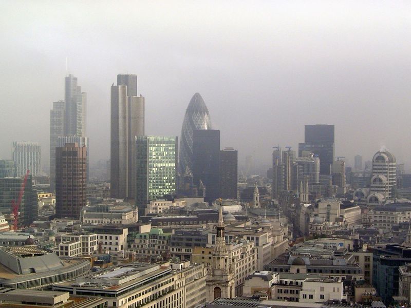 Still looking east but this time toward the skyline, distinguished by the Gherkin or St. Mary Axe building about 3/4 of a mile away. To the 
