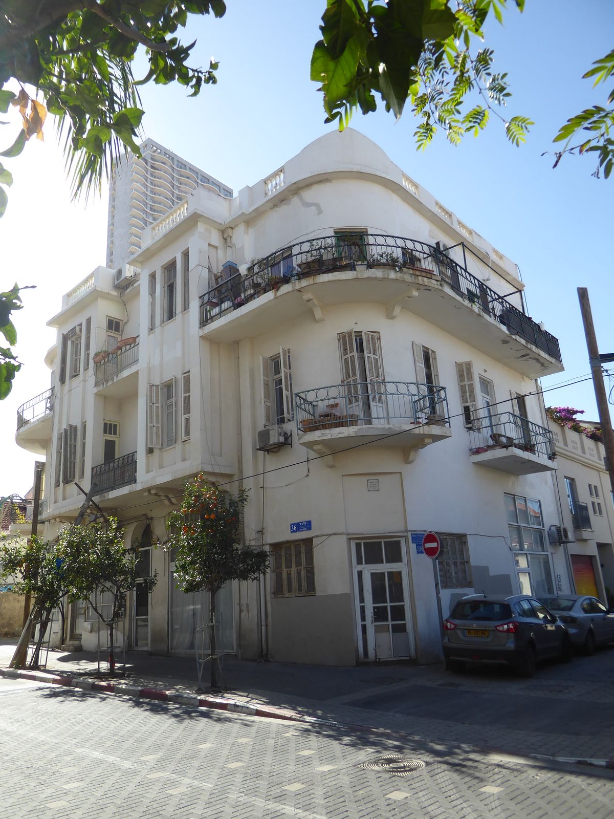 Neve Tzedek grew slowly enough that it acquired some examples of the Bauhaus style that by the 1930s dominated Tel Aviv. In the distance is 