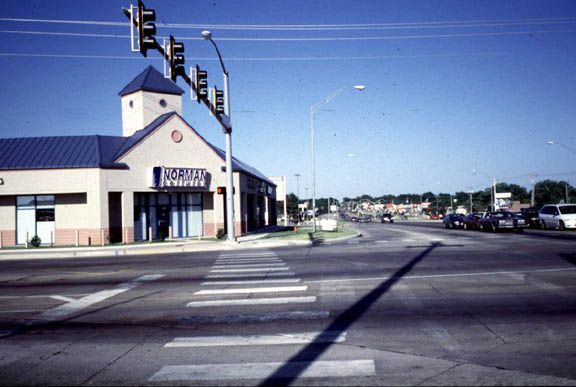 Here's Main Street, just a couple of hundred yards west of Interstate 35. A strip mall had just popped up at this busy corner, and the devel