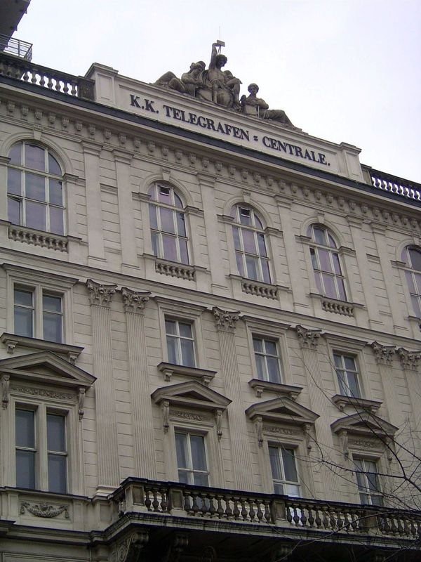 We've worked our way around toward the western end of the Ringstrasse. Here: the Central Telegraph office, with K.K. signifying Kaiser und K