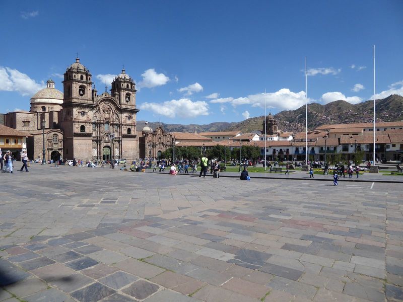 Here's the view from the cathedral door toward the Jesuit church. Age of the pavement? Given the Inca avoidance of mortar in prestige projec