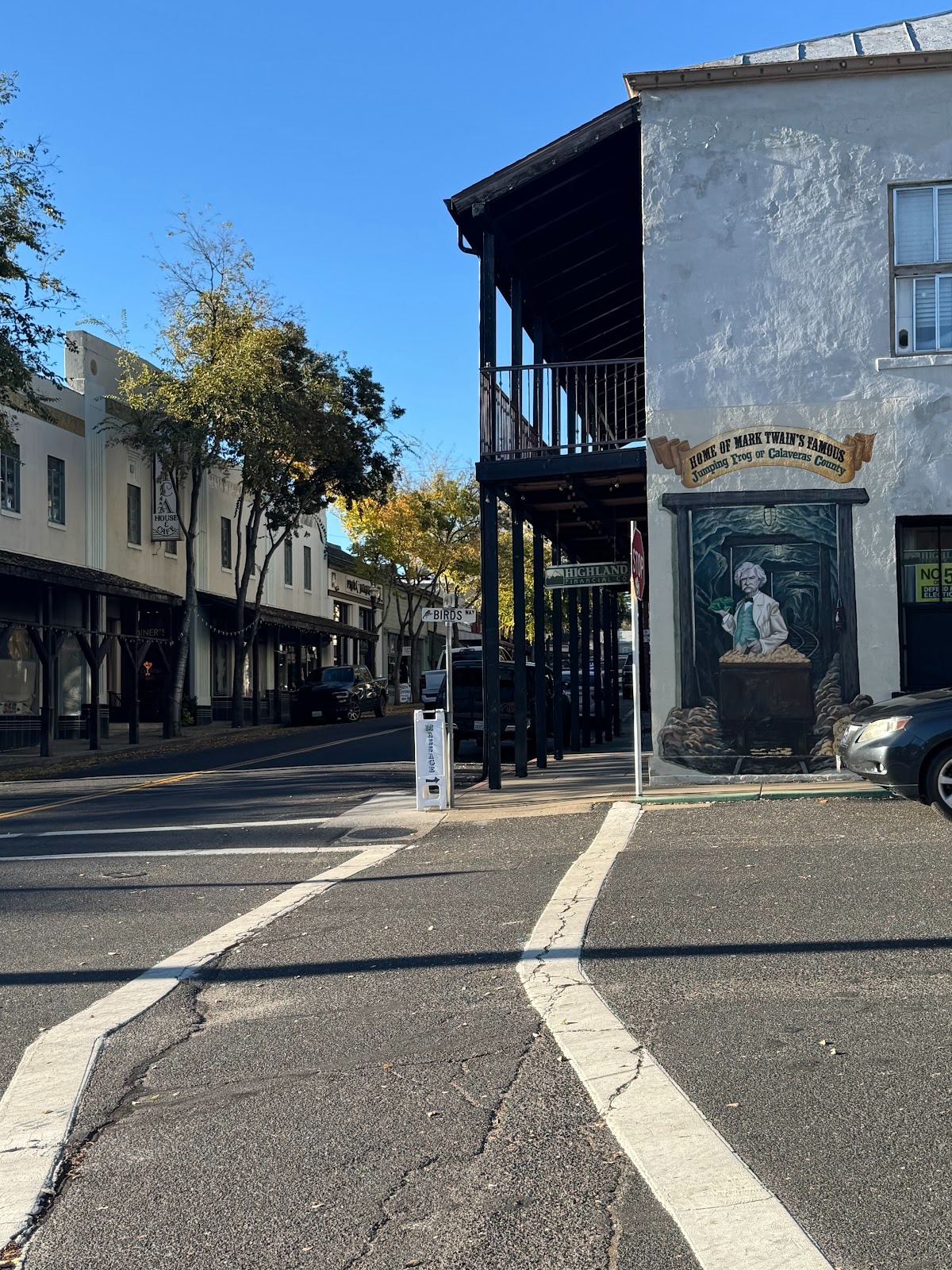 The balcony belongs to the Angels Hotel, where Sam Clemens apparently heard the story that changed his life.