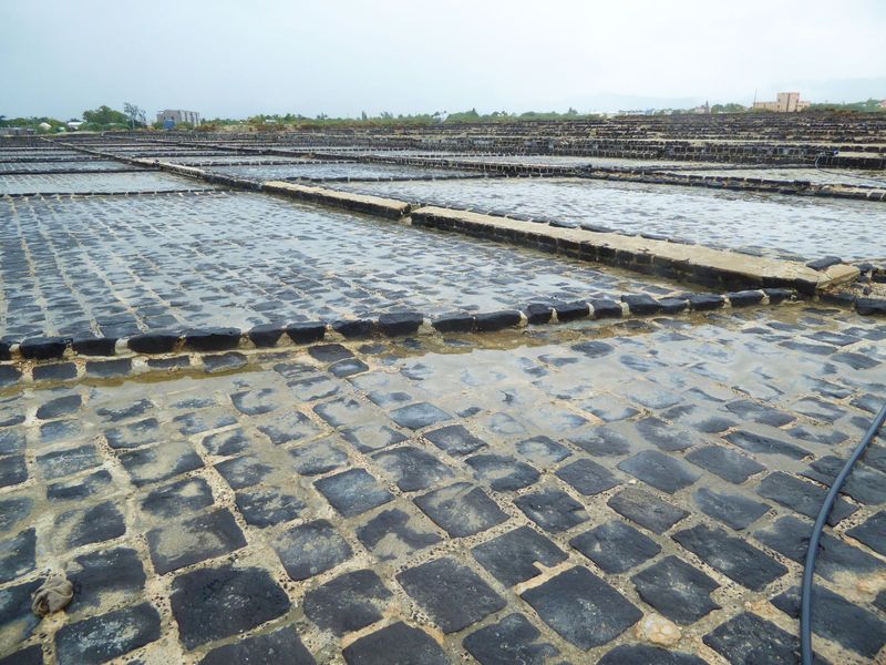 Along the way we pass the Tamarin salt fields. Without a sign, they'd be enigmatic, especially when they're not in use.