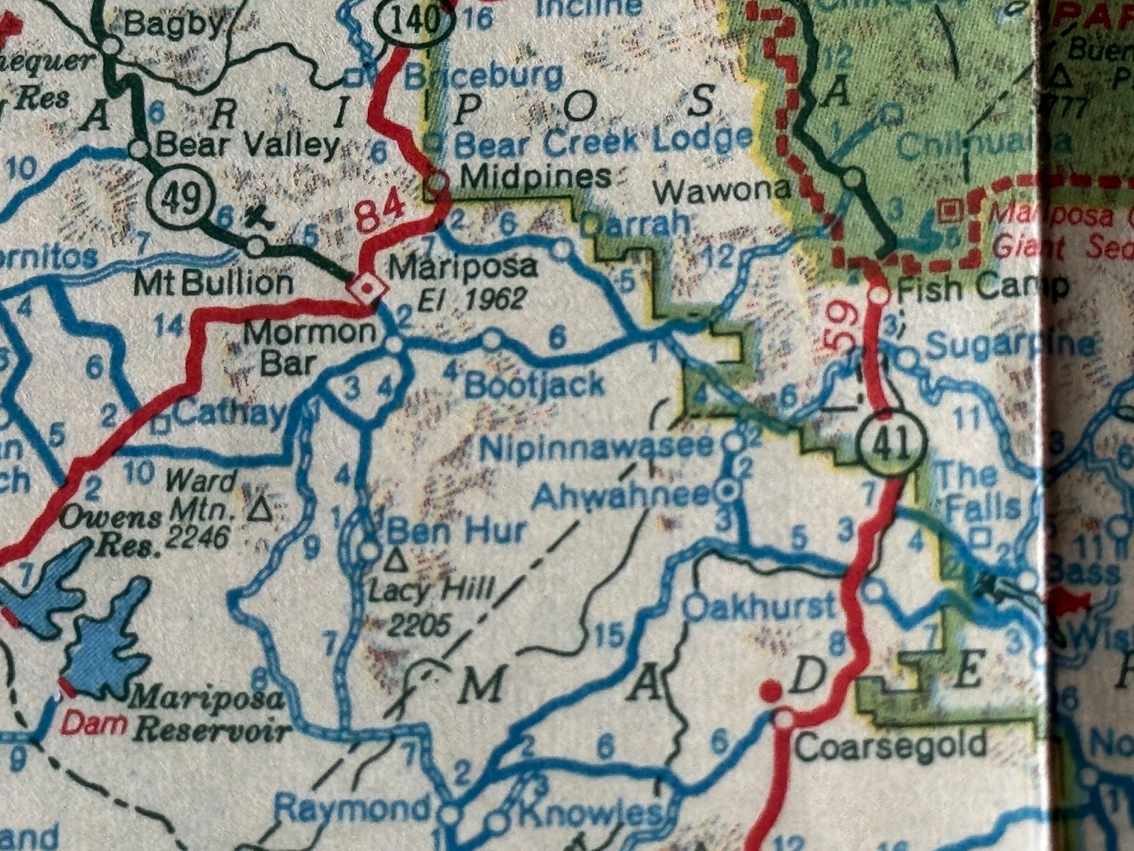 The plaque says very little about Highway 49, but this Flying A road map from the early 1950s shows 49 extending south only as far as Maripo