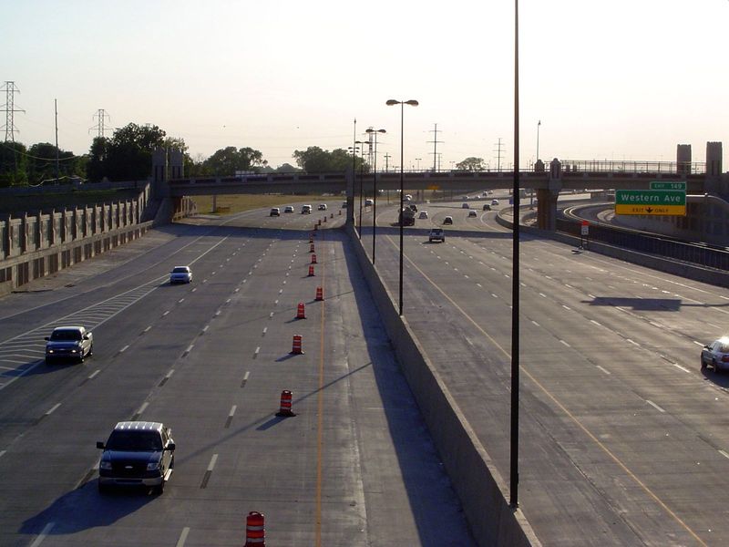 And here's the new highway, designed to carry 170,000 vehicles daily. Of all the tracks that used to be here, only one survives, on the far 