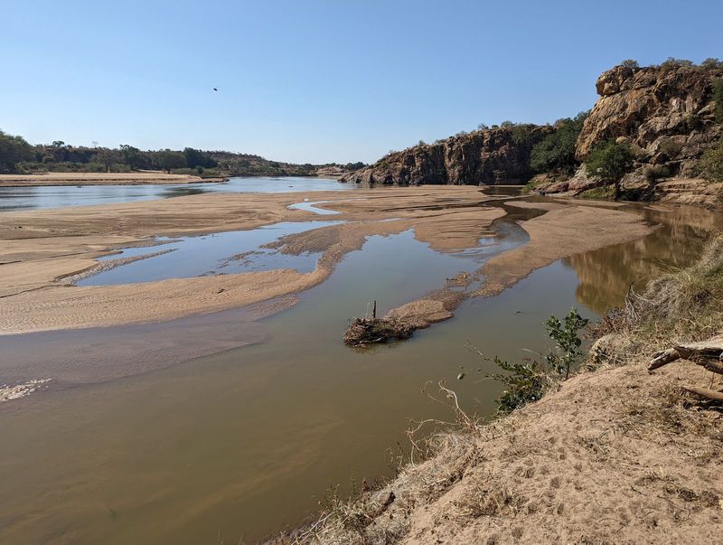 We're two miles downstream. South Africa is on this side, Zimbabwe on the other, but the river is very little impediment to man or beast, wh