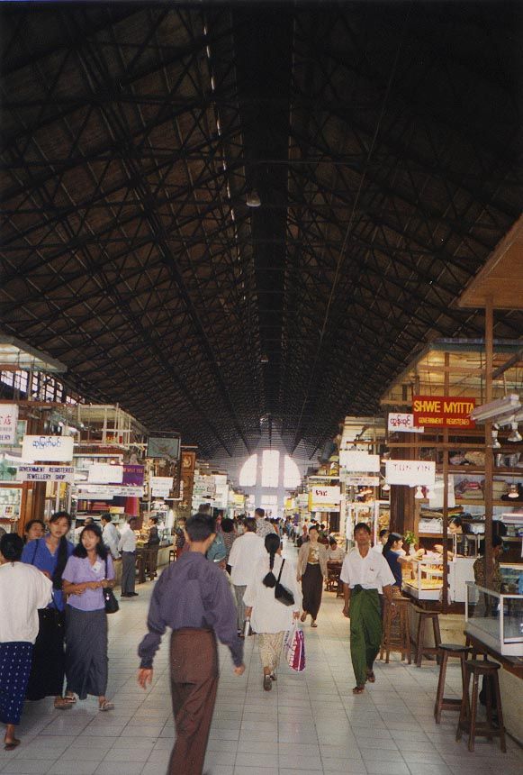 Commerce is a lot safer than books. These are the sheds of the Bogyoke Aung San formerly and still familiarly the Scott Market, west of the 