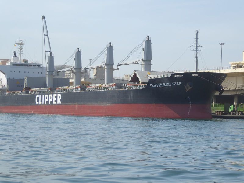 Here's a Danish-owned Handysize bulk carrier, maybe carrying phosphate or cement or—this being Senegal—sacks of peanuts.