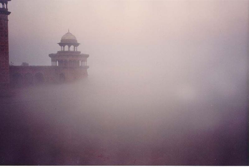 Early morning fogs drift in from the Yamuna River, just a few meters behind the Taj. Access to the Taj was originally by boat, not the land 