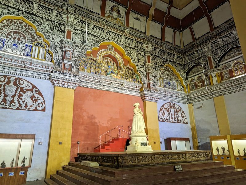 Whaddya think?  It's the palace's durbar or reception hall.  The statue is of Raja Serfoji II,  who ruled from 1797 to 1832 though his writ 