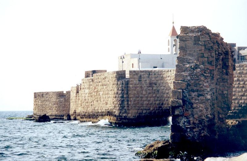 A more distant view of the wall, with St. John's Church 1737 perched on the vaulting of a Crusader church.