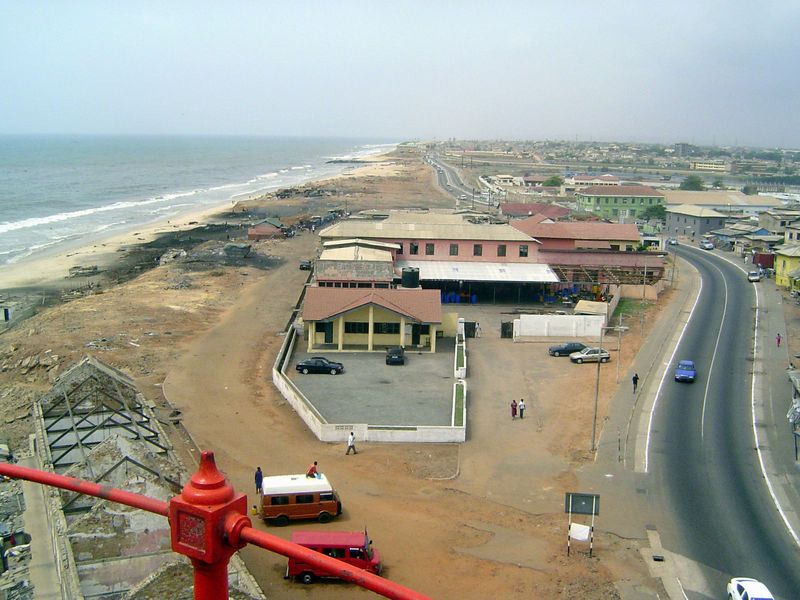 The view north. The foul Korle Bu Korle Lagoon can be made out as it slides rather than flows to the sea. Despite what appears to be a coast