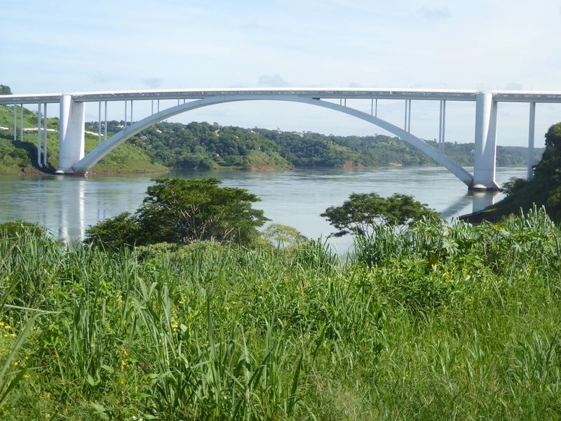 Here she is, bridged by the highway to Paraguay. The Itaipu Dam is half a dozen miles up to the right, so what you see is the water that's b