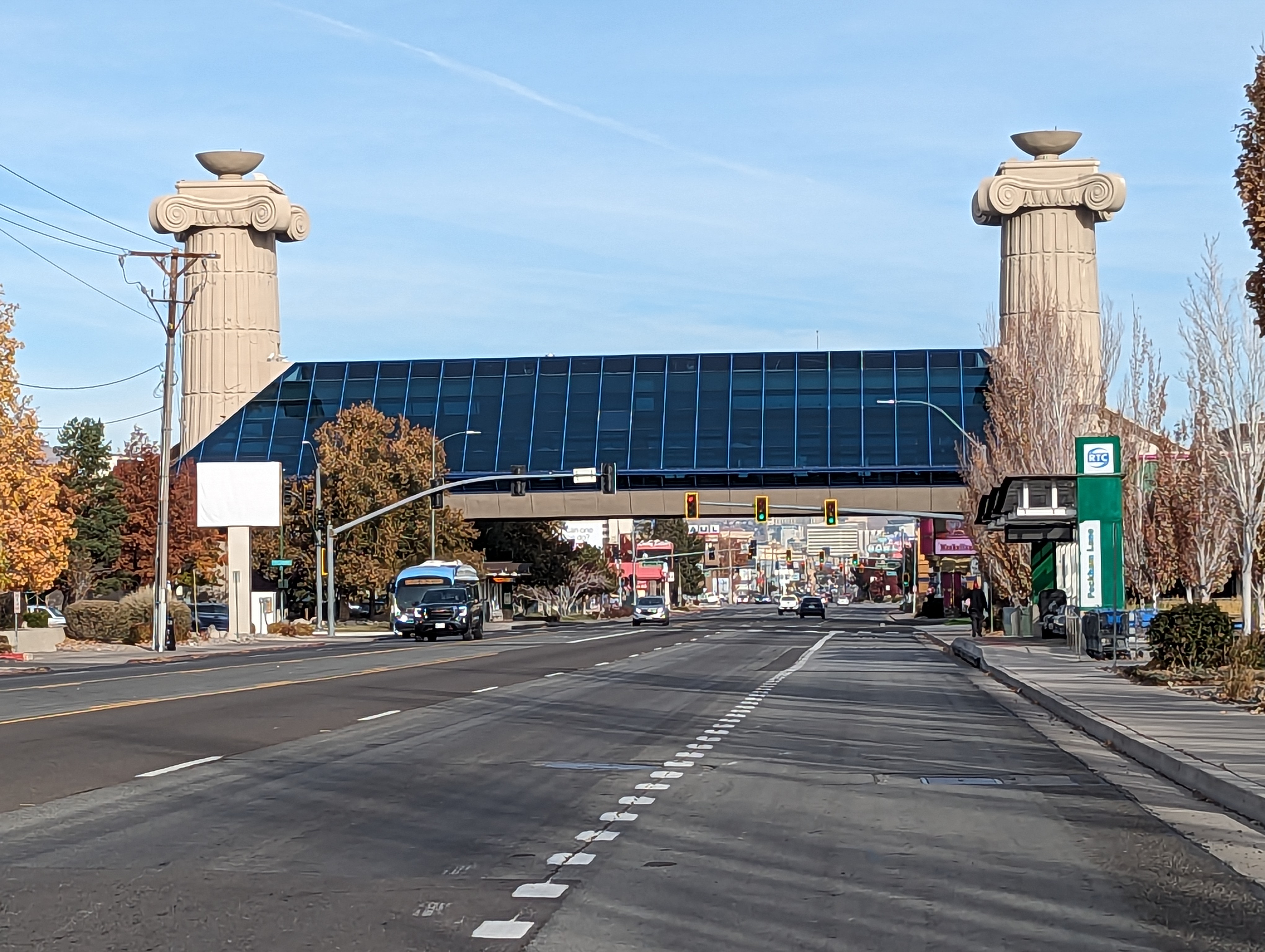 Here's another, south a bit but equipped with a monster parking lot reached through this bridge between columns lovingly transported from Lu