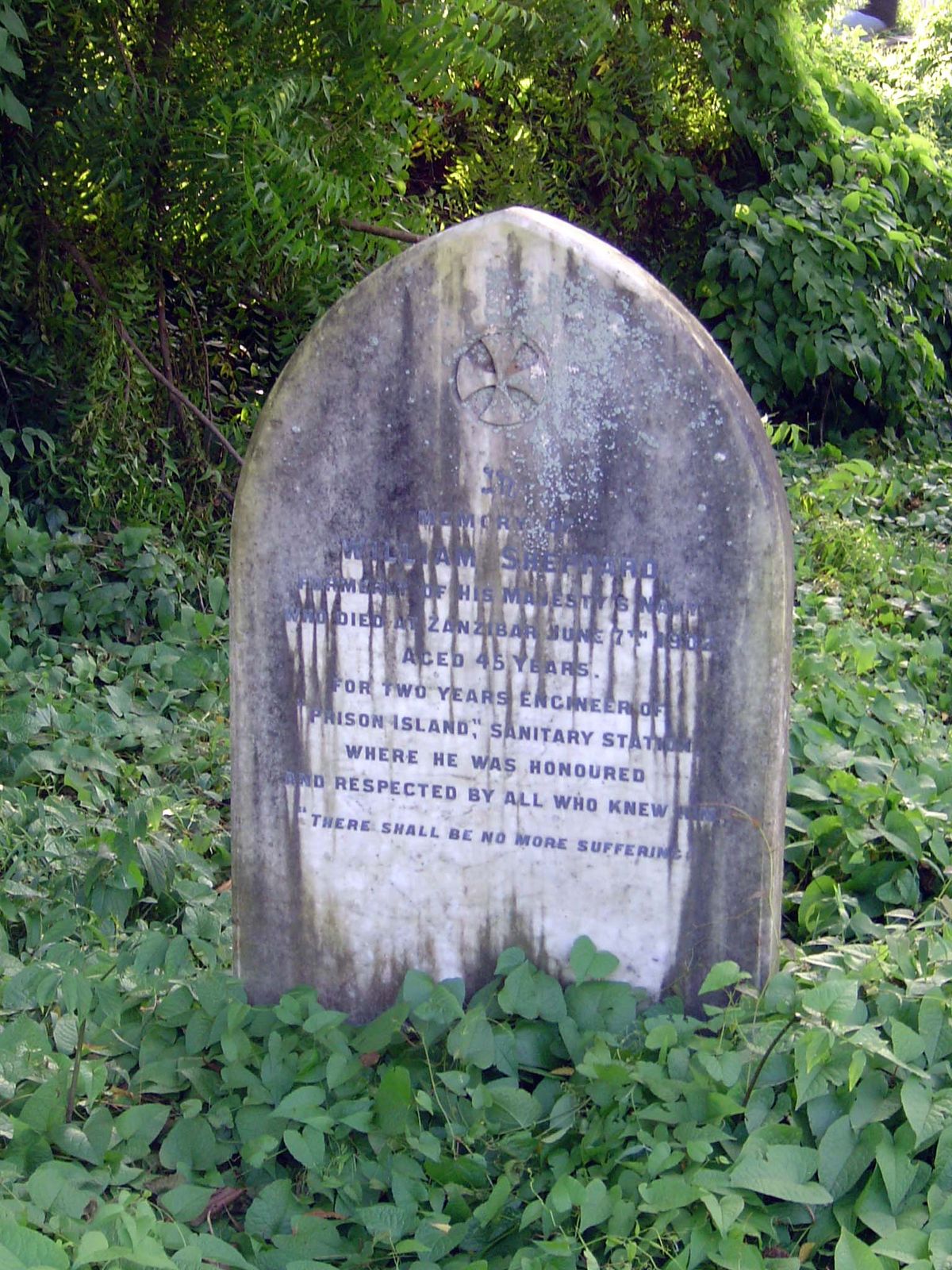 In memory of William Sheppard, formerly of His Majesty's Navy, who died at Zanzibar June 18th, 1902, aged 45 years. For two years engineer o