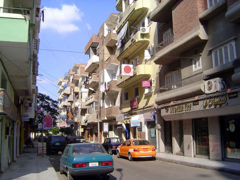Modern apartment blocks.