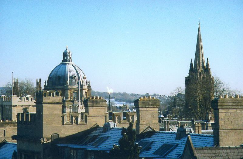 Looking northeasterly from the top of Carfax Tower. The dome belongs to the Radcliffe Camera, part of the Bodleian Library; the spire from 1