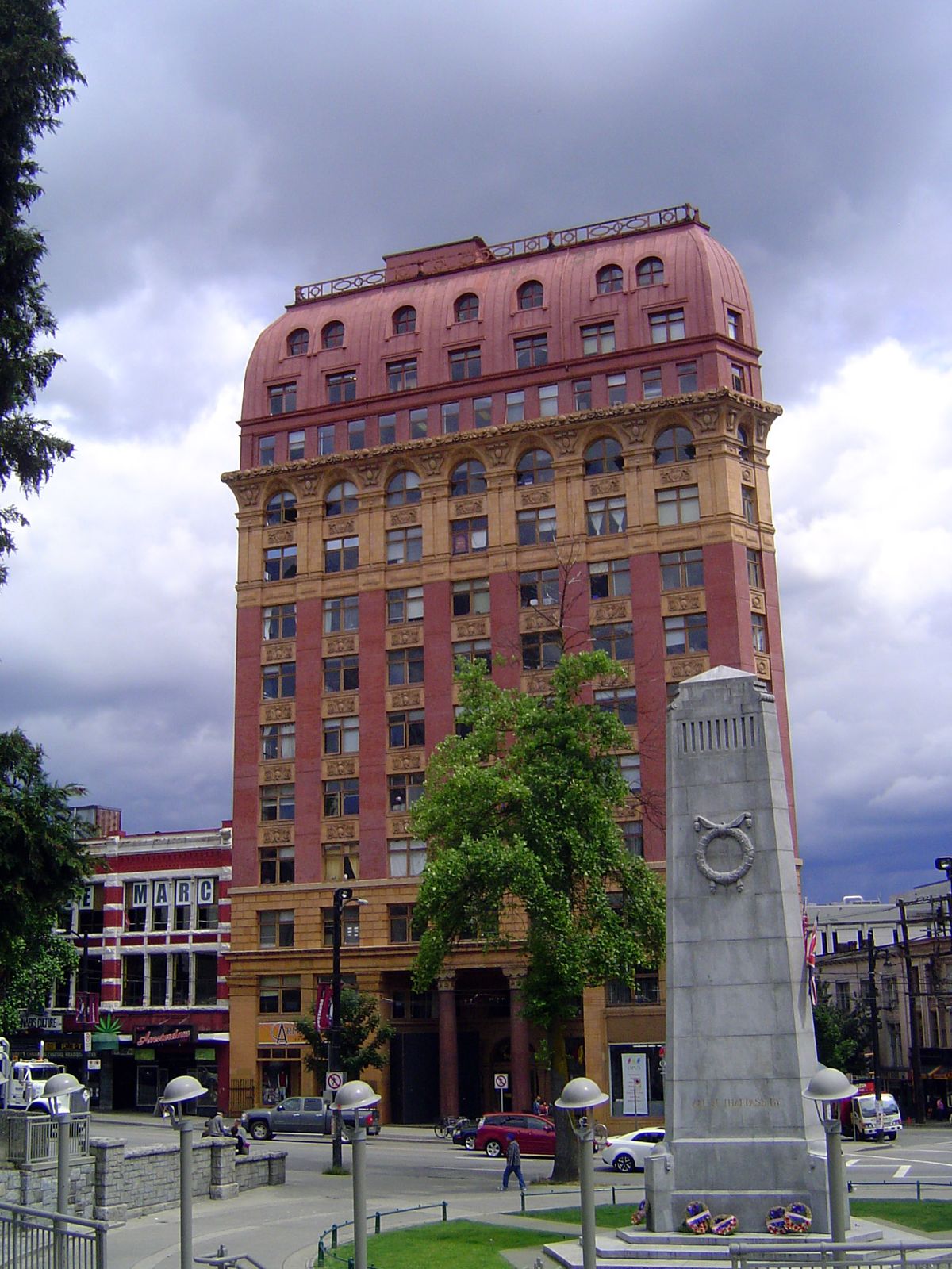 View from across the street, with a World War I memorial.