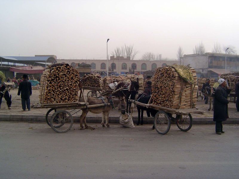 The wood arrives by Araba resinka, a traditional donkey cart with rubber wheels.