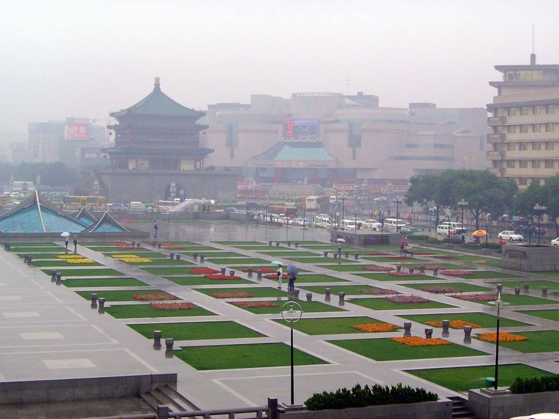 View from the Drum tower over the sterile park between it and the Bell Tower. The buildings on the far side of the park line Xi'an's main ea