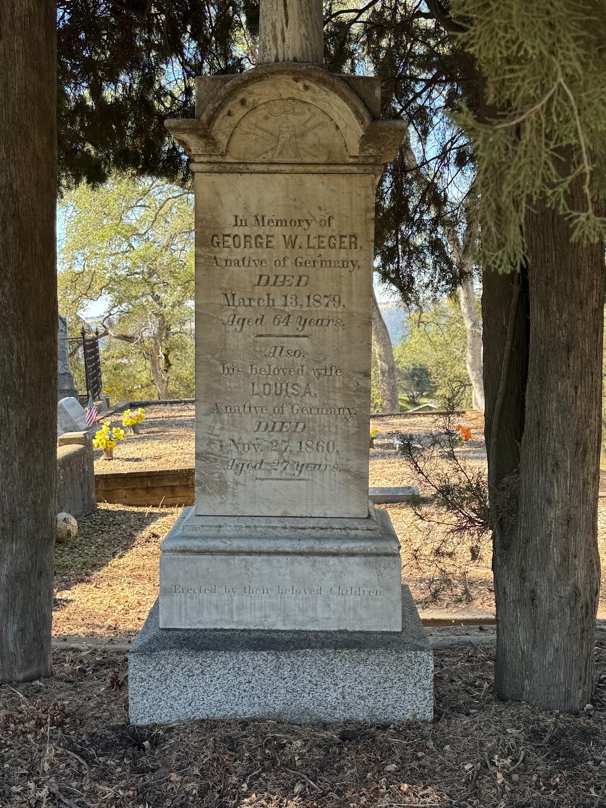 Here it is: the Leger Hotel's owner, dead at 64 in 1879.